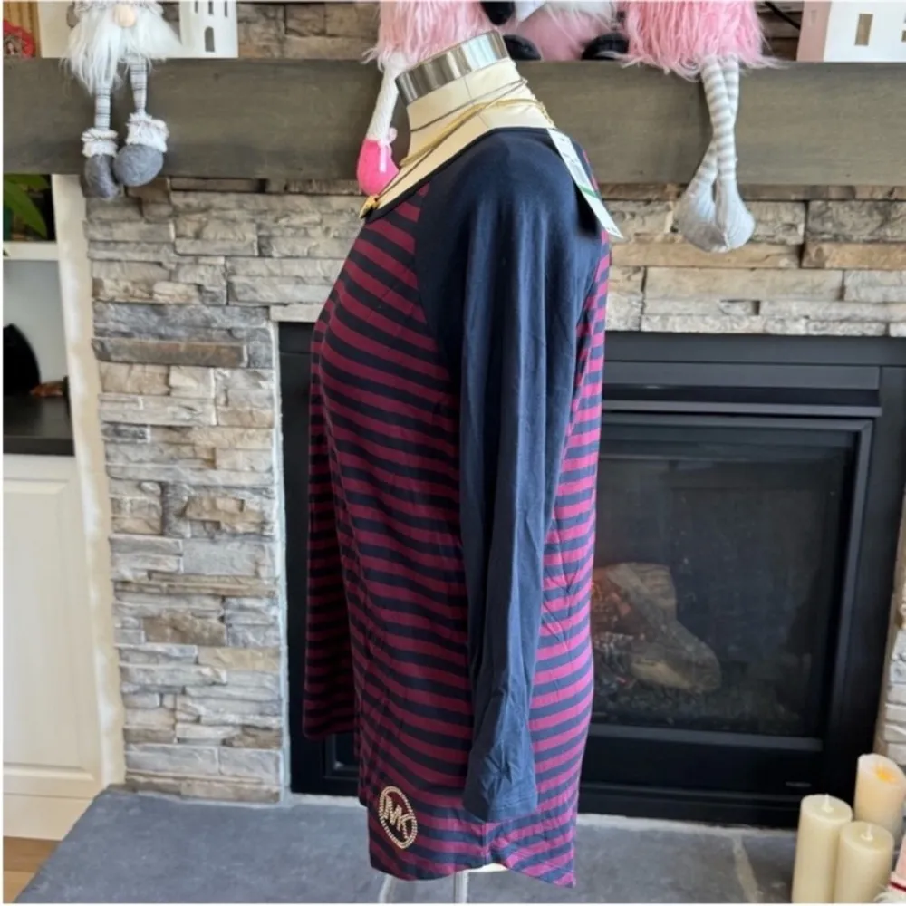 MICHAEL Michael Kors Navy and Burgundy Striped Long Sleeve Tee Blue Size L - Image 6