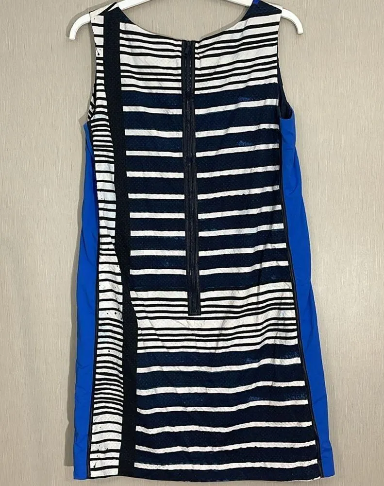 Lafayette 148 dress size 14 blue navy white stripe paint splatter print texture - Image 6