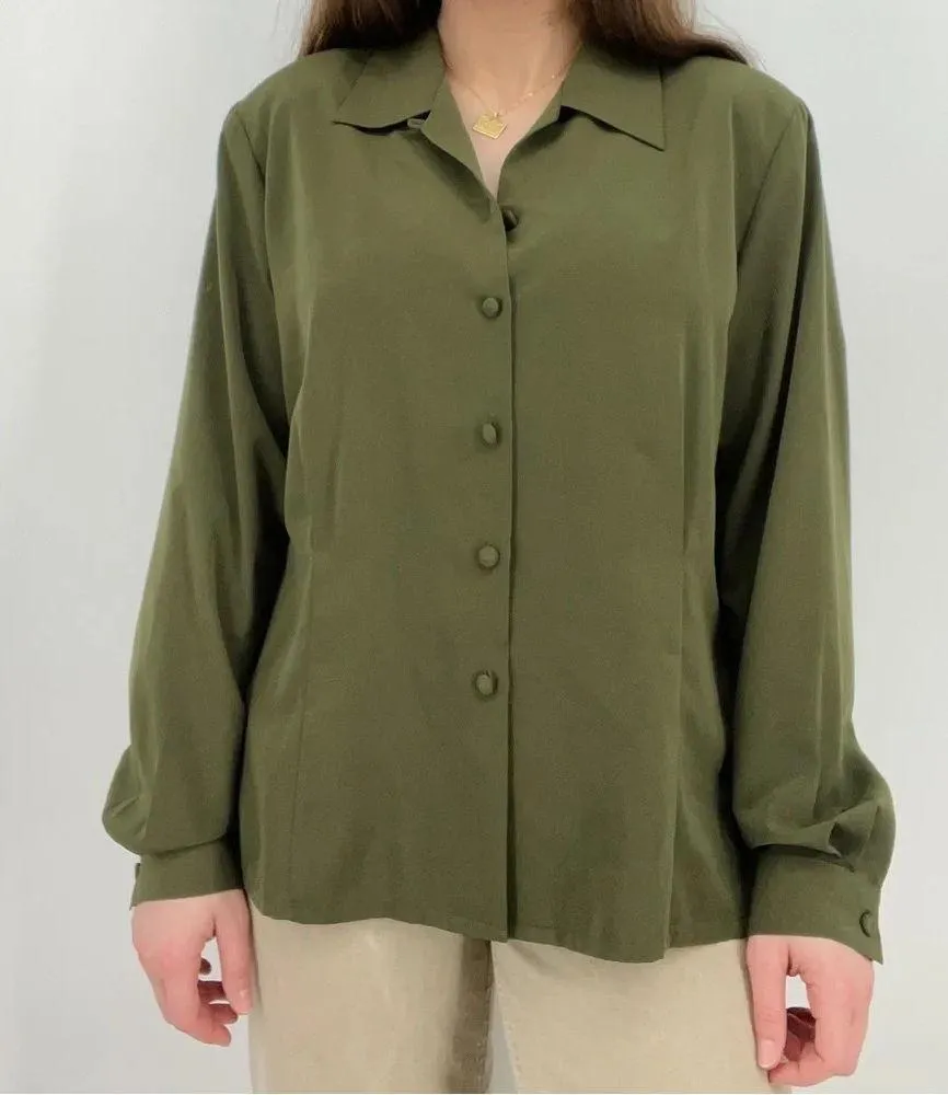 vintage olive green button down blouse shirt top minimalist size L Size L - Image 6