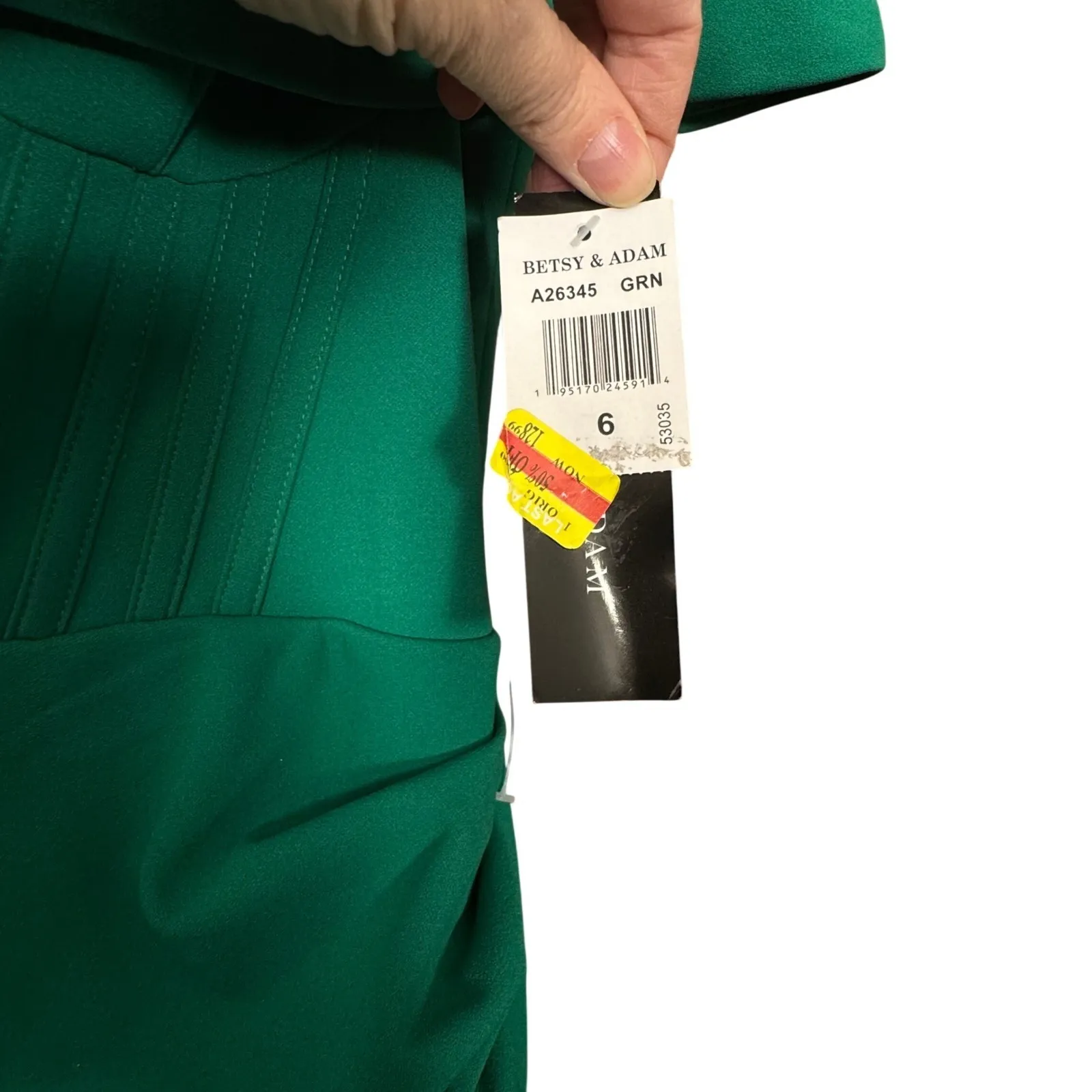 Betsy & Adam "Ellie" Scuba Crepe Off Shoulder Boning Maxi Gown Prom Evening Sz 6 - Image 4