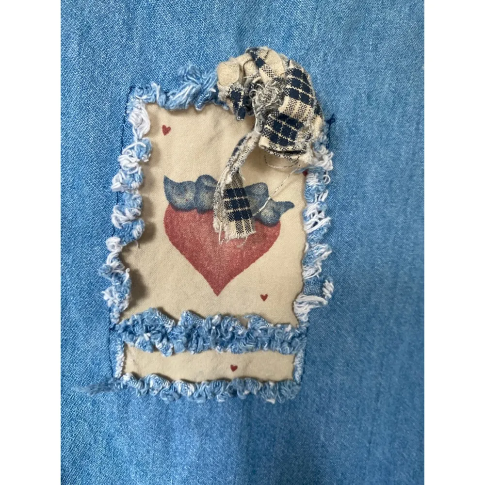 Vintage Denim Jumper Maxi Dress Country Patchwork Appliqué M/L Americana Prairie - Image 12