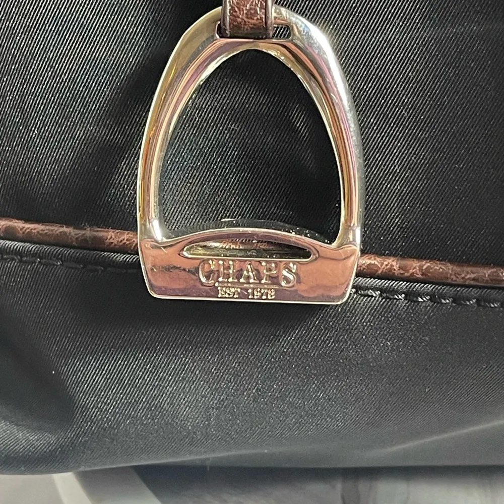 CHAPS Black Nylon Tote Bag Brown Faux Leather Trim Horse Stirrup Charm 13x10 - Image 4