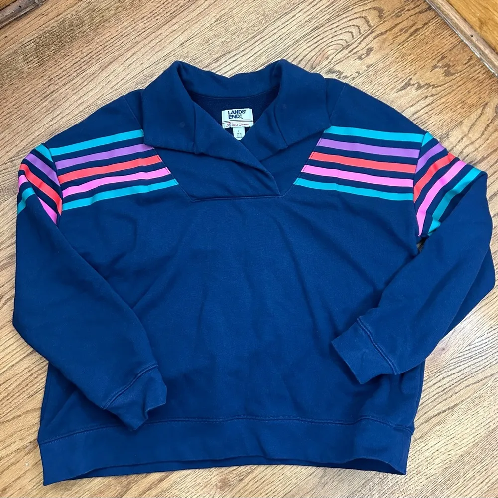 Land’s End Serious Sweats Striped Long Sleeve Collared Pullover Sweatshirt - Image 6