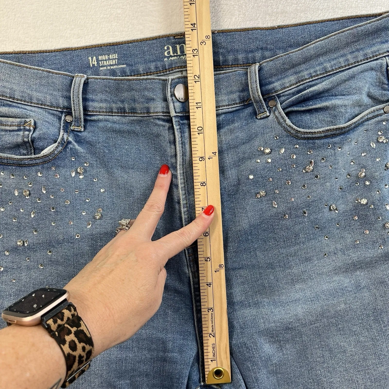 a.n.a. A New Approach Sz 14 High Rise Straight Jeans Bling Rhinestone Embellish Blue - Image 11