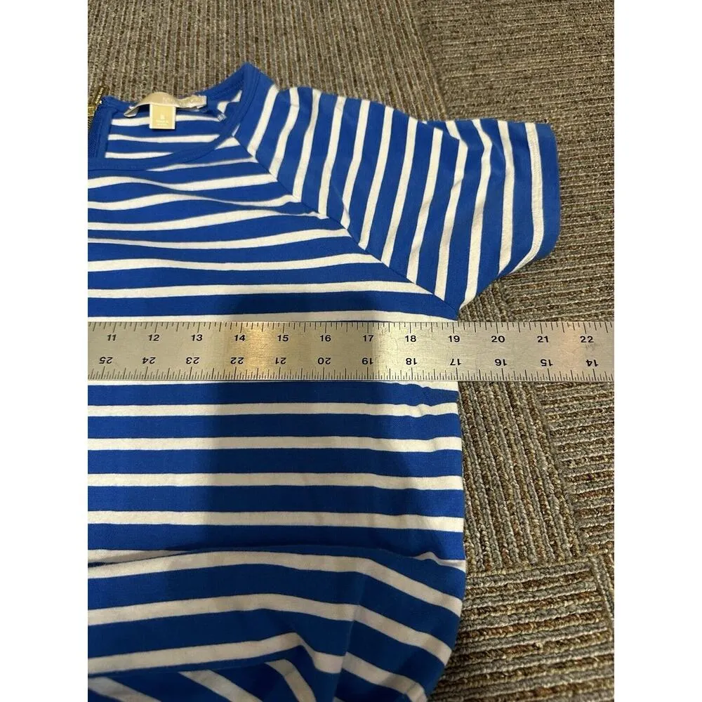 Michael Kors T-shirt Royal Blue & White Striped Gold Logo & Back Zip Size Small - Image 7