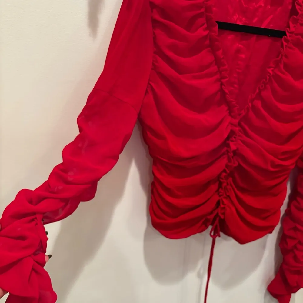 Moda International Red Ruched Tie Up Women's Long Sleeve Euro Ruffle Top Size S - Image 3