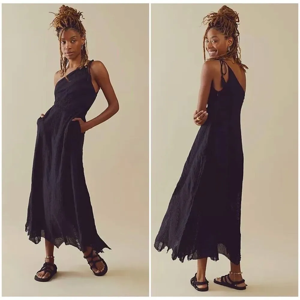 NEW Free People Bella Black One Shoulder Hanky Hem Cotton Maxi Dress Small Boho - Image 2