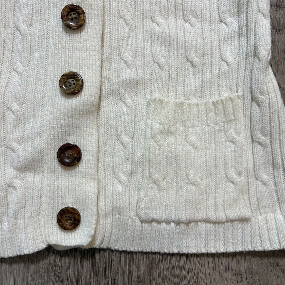 Vintage Montgomery Ward Cable Knit Hooded Cardigan Sweater Ivory w/ Wood Buttons Size L - Image 5