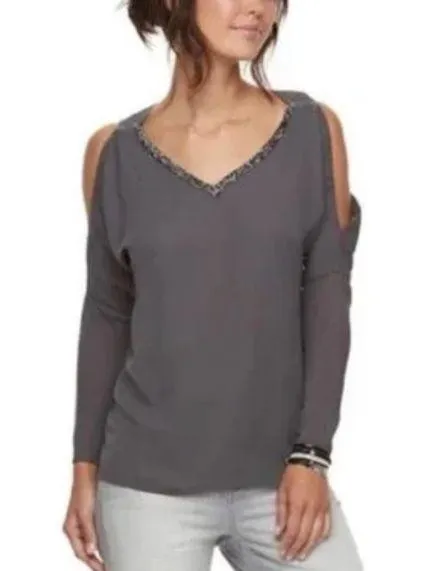 Juicy COUTURE Gray NWT V-Neck Top with Cut outs and Rhinestones Sz L - Image 2