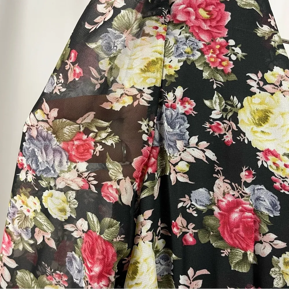 B_envied Large Rose Floral V Neck Sheer Sleeve Mini Skirt Formal Pleat Flowy - Image 4