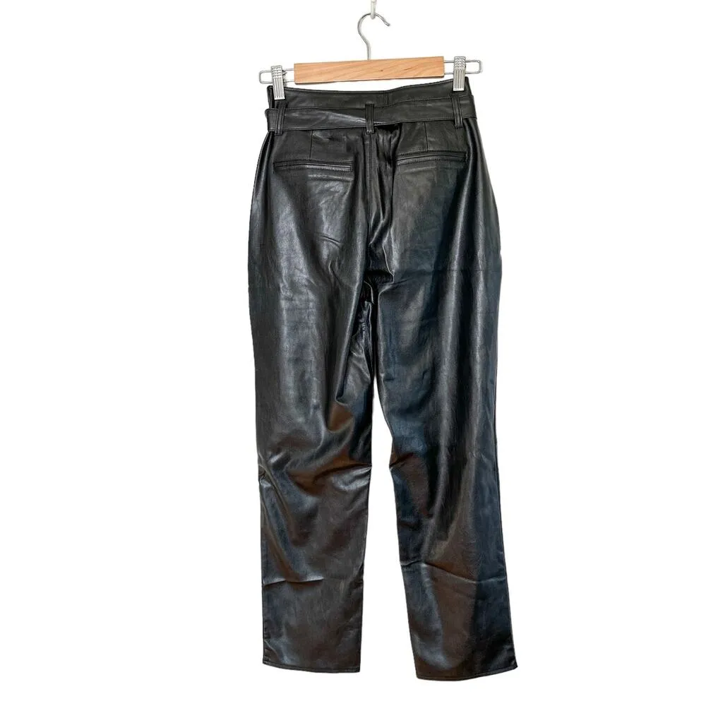 Paige NEW Melila Faux Leather Paper Bag High Waisted Tie Front Crop Pant Black 0 - Image 3