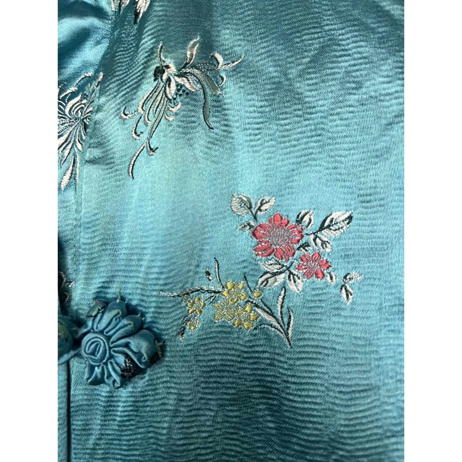 Vintage Great Lion Jacket Womens XS Teal Silk Embroidered Mandarin Hong Kong 60s Blue - Image 4