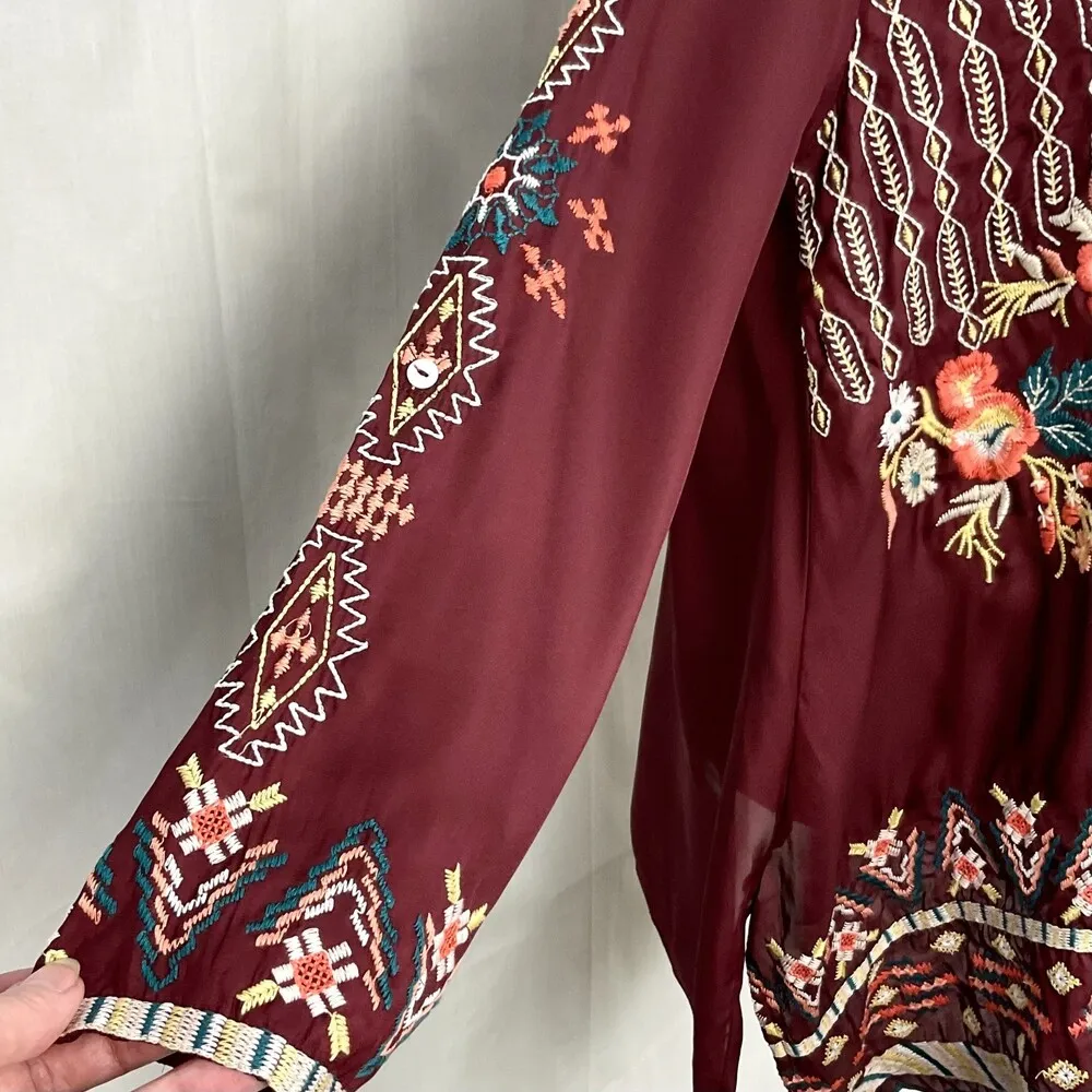 Embroidered Floral Boho Tunic Top Sz Small Karyn Seo Navi Bohemian Silky - Image 3