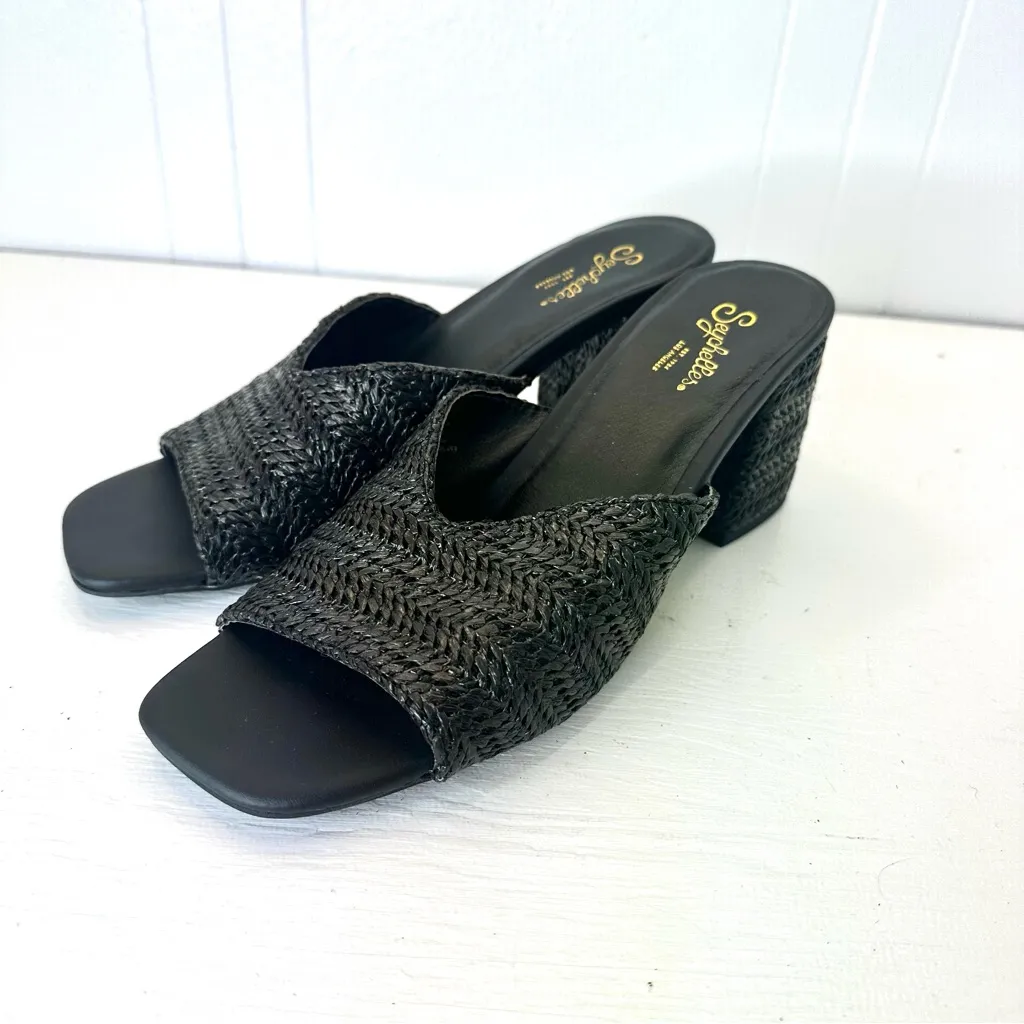 Seychelles Black Woven Raffia Block Heel Mules Sandals Square Toe Slides Size 8 - Image 3