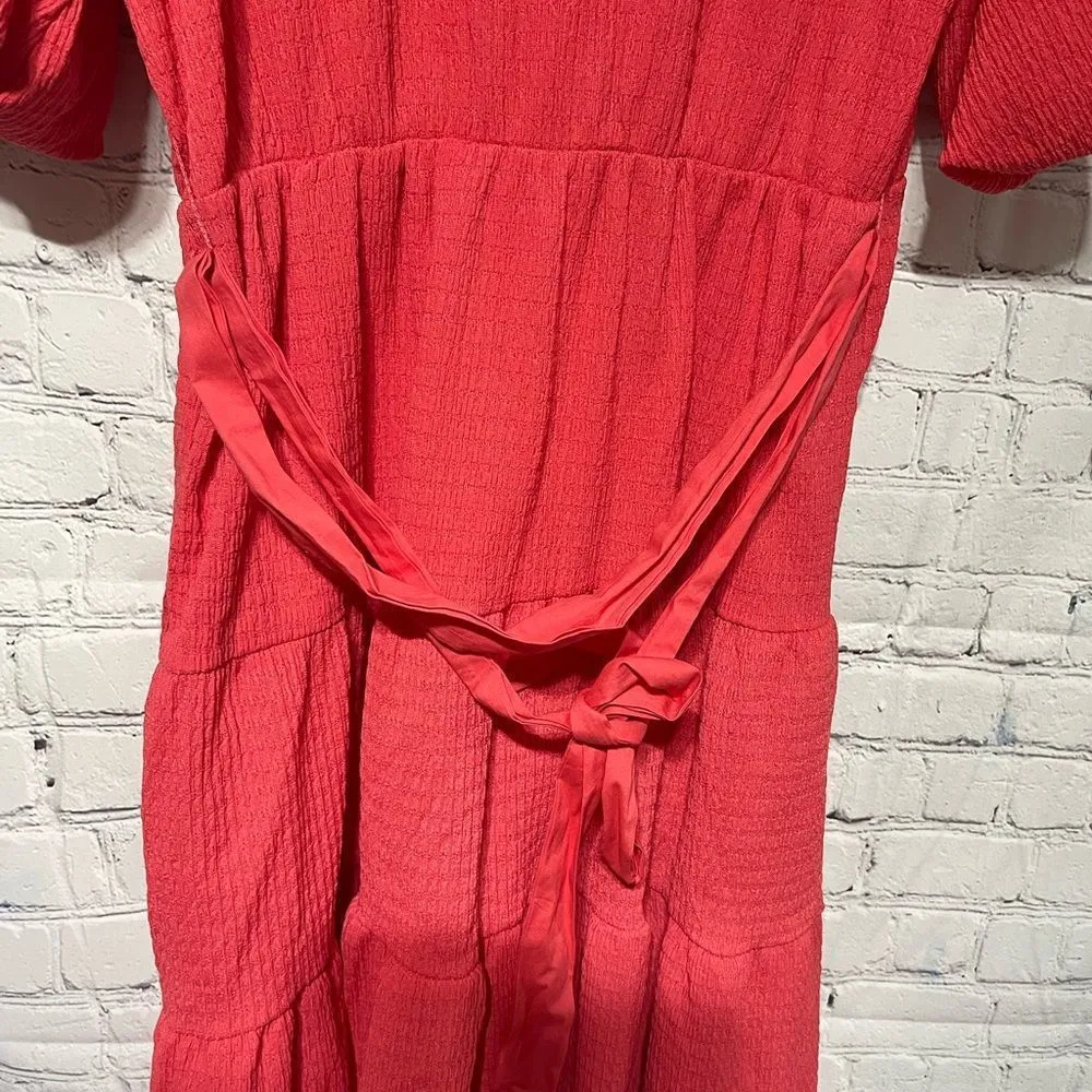 Comfy Breezy V-neck Bubble Sleeve Coral Red Faux Wrap Dress NWOT size Large - Image 5