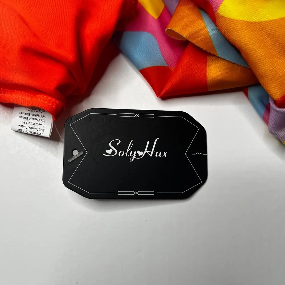 Soly Hux Tankini Ruffle Geometric Neon Swimsuit New Large Orange - Image 13