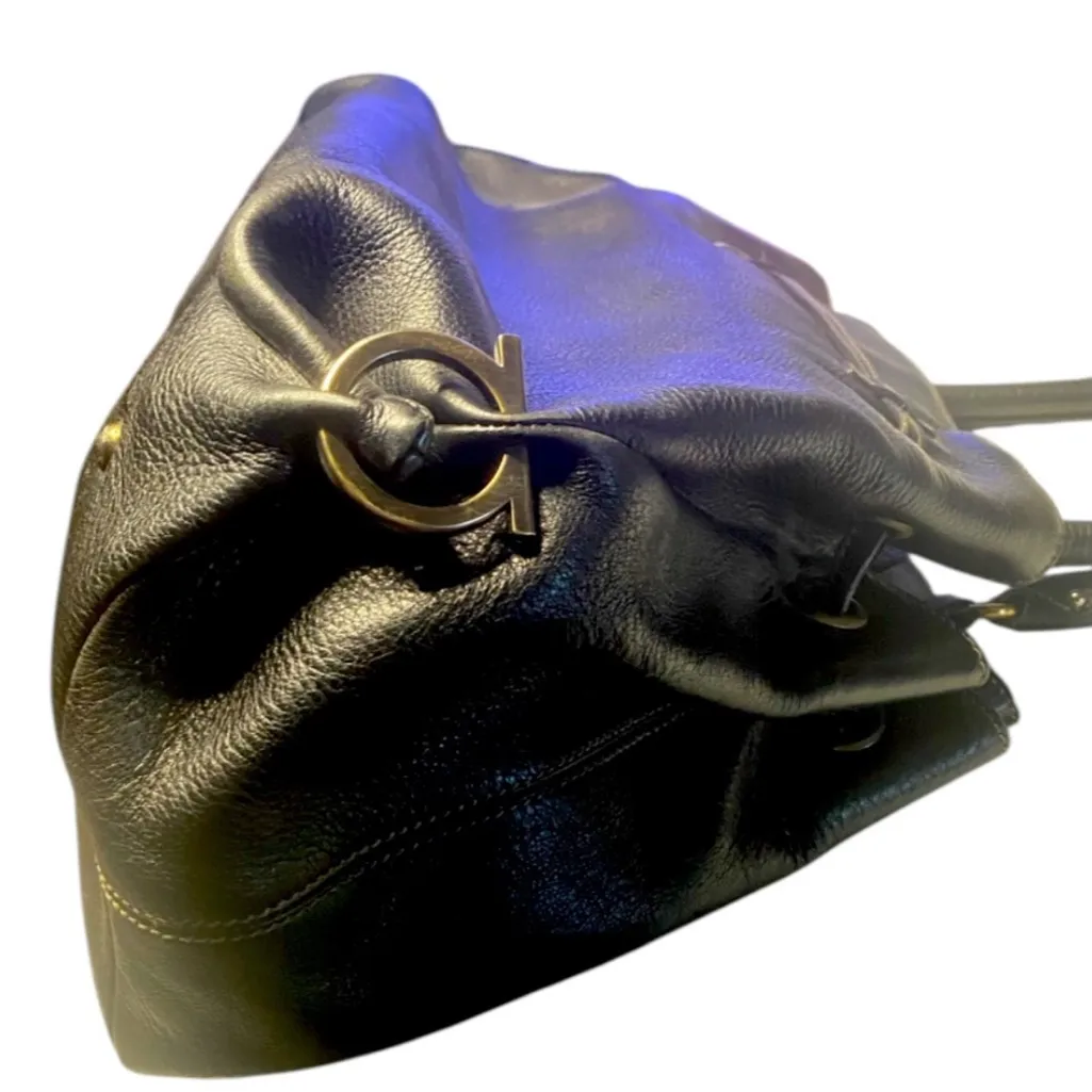 Salvatore Ferragamo Gancini Black Silver tone Hardware Leather Bag - Image 5