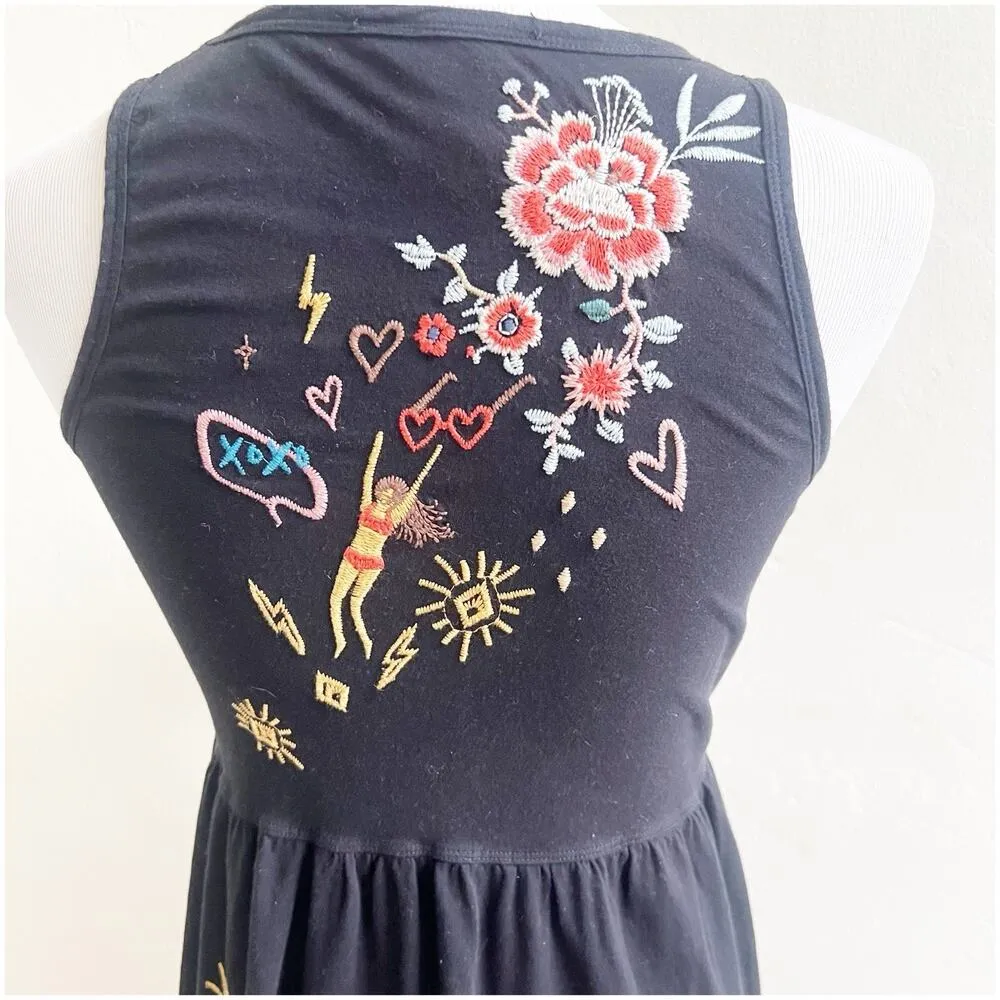 JOHNNY WAS Black Embroidered Floral Sun Moon Star Heart Beach Maxi Dress Sz XXS - Image 10