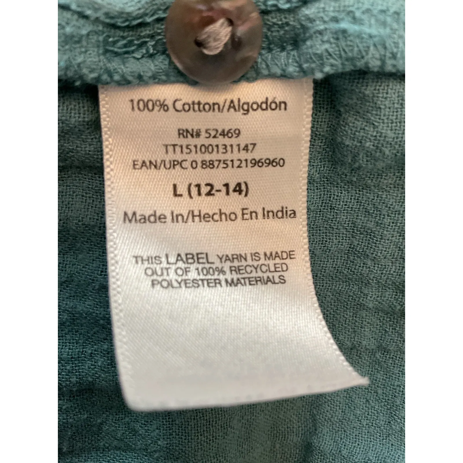 TIME & TRU BLUE GREEN GAUZY COTTON BUTTON DOWN W/ RUFFLE DRESS SZ L 12-14 - Image 7