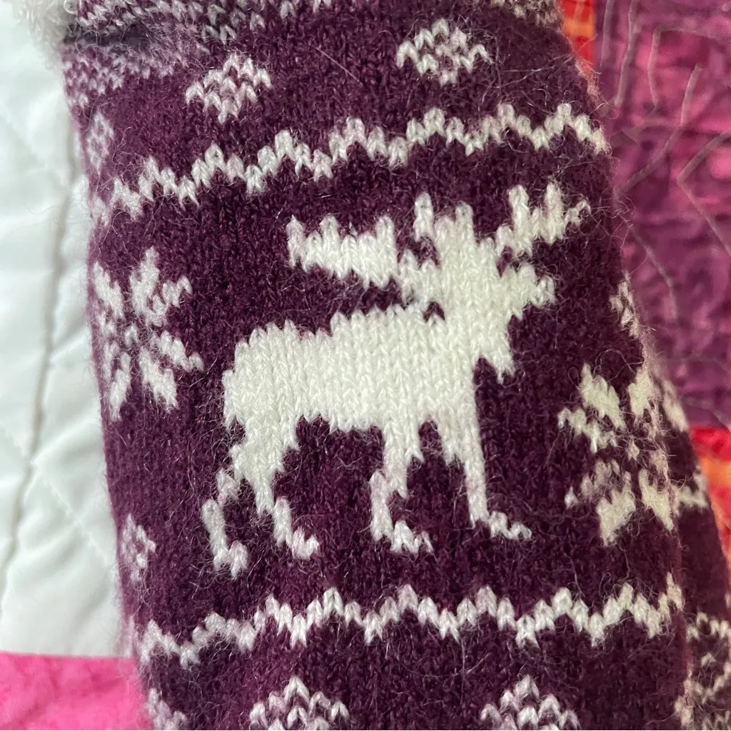 Fair Isle Fluffy Lined Cabin Socks Maroon Red White Deer Print Comfy Women's 6 - Image 4