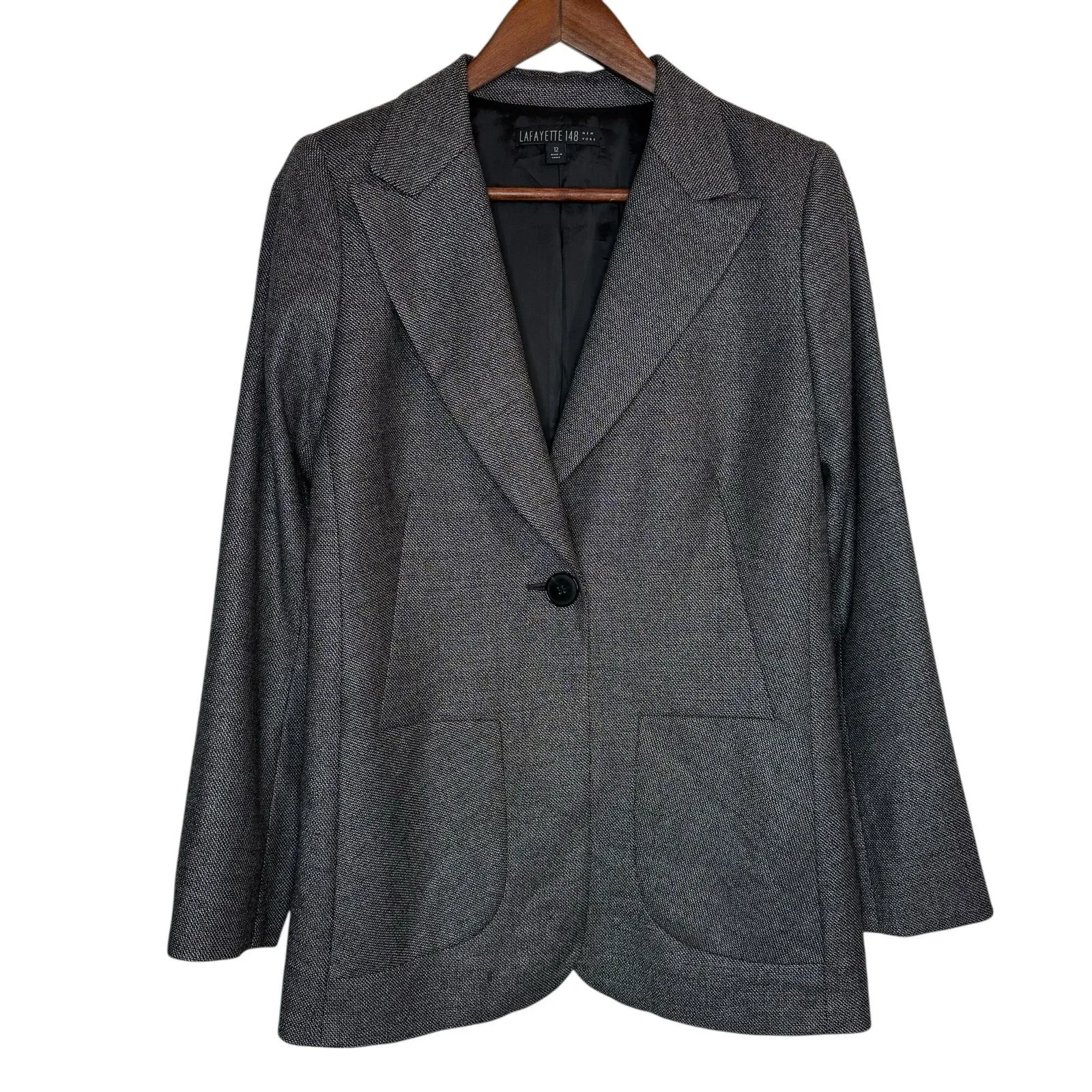 Lafayette 148 New York Gray Virgin Wool Silk Blazer 12 Single Button Jacket $698 - Image 3
