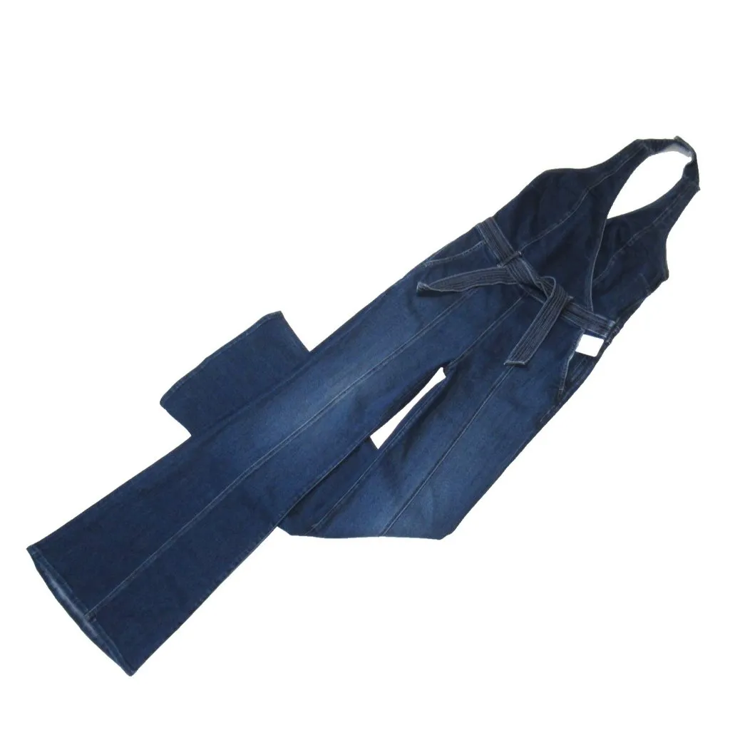 NWT Mother The Halter Doozy Jumpsuit in Home Movies Stretch Flare Denim 30 Blue - Image 4