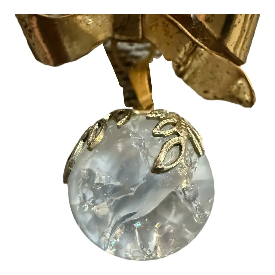 Vintage Gold Tone Bow Brooch Dangle Crystal Ball Pin Etched Glass - Image 2