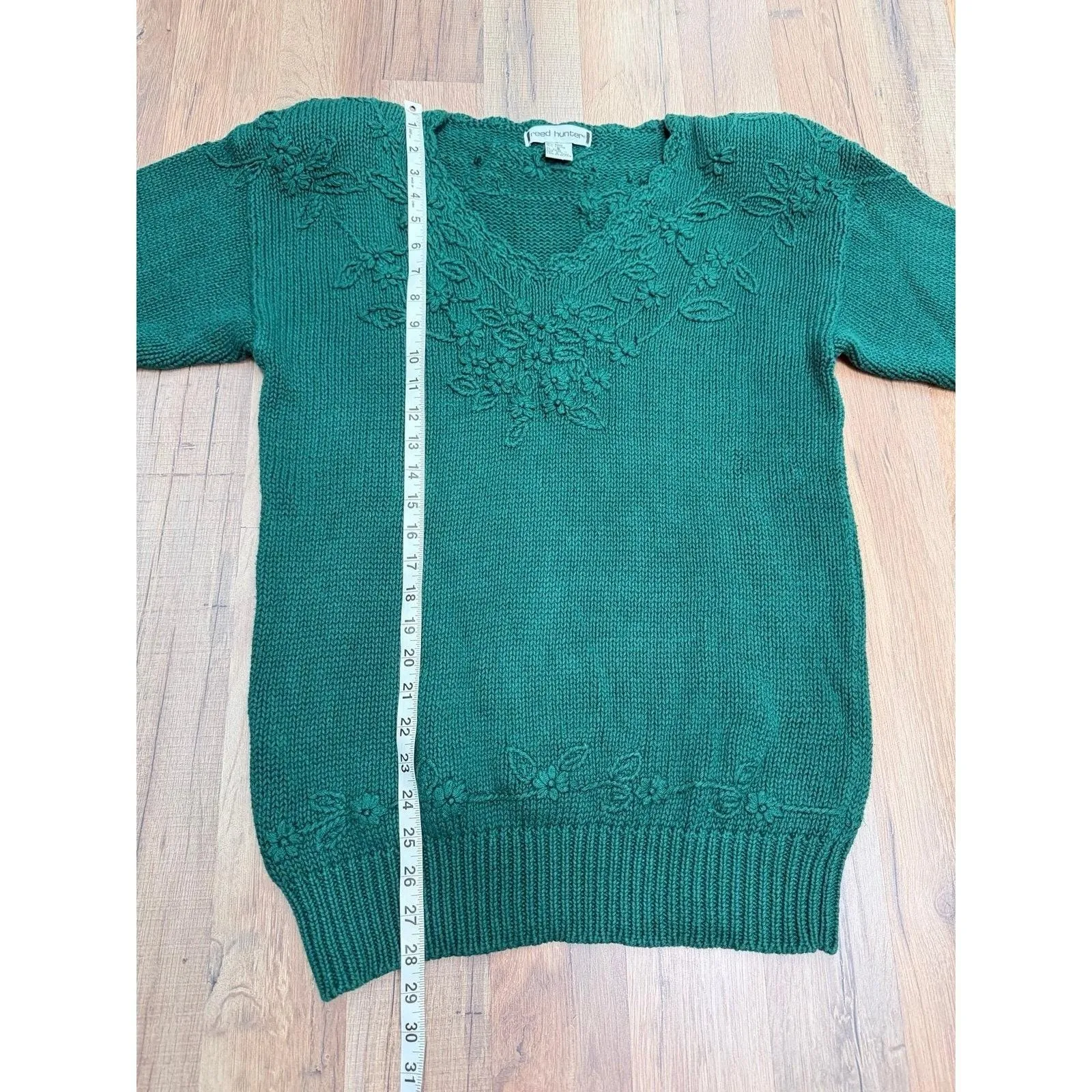Vintage Reed Hunter Green Knit‎ Floral Embroidered Sweater Tunic Ramie Cotton S - Image 5