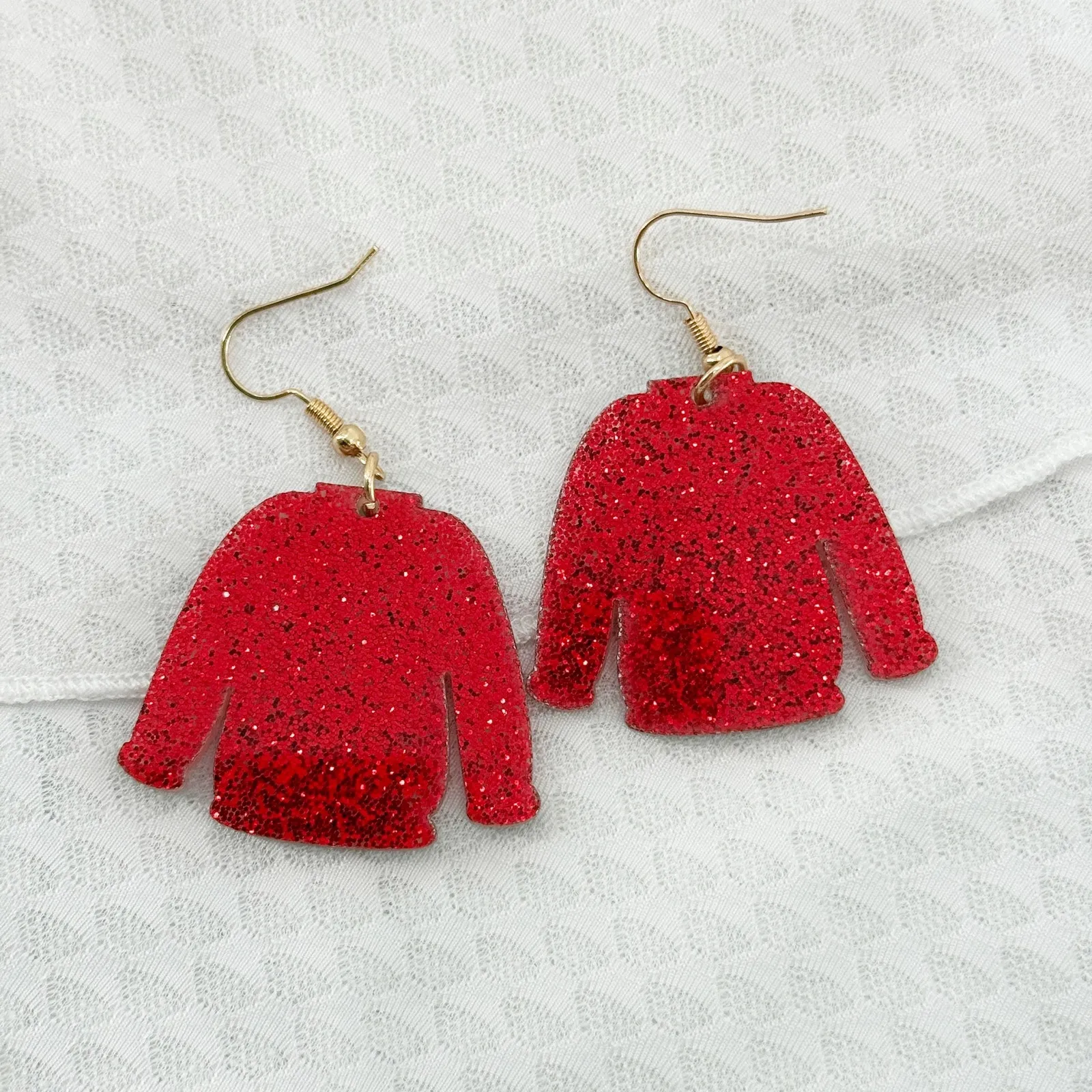 Christmas Reindeer Sweater Earrings, Ugly Holiday Party Earrings, Novelty Red - Image 2