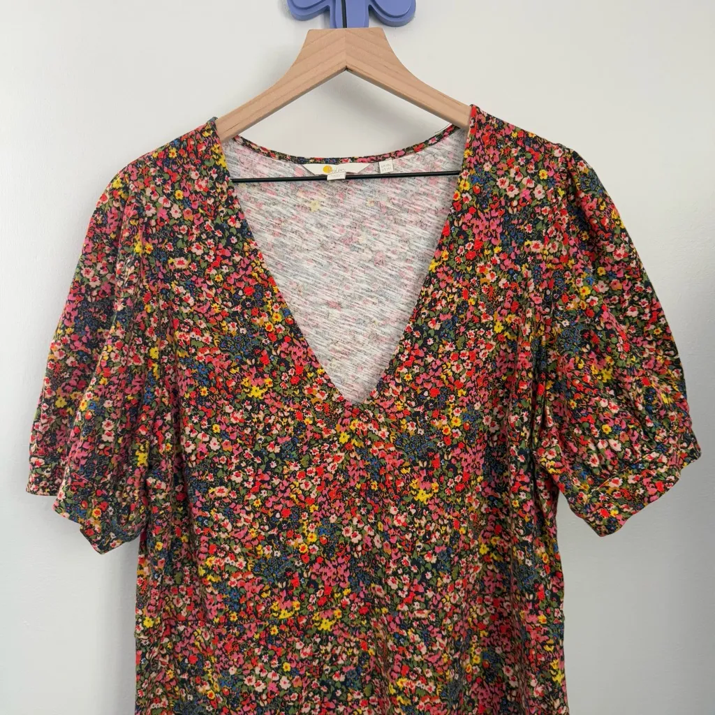 Boden 14 V Neck Jersey Dress Gardenia Petal Colorful Floral Puff Short Sleeve Pink - Image 3