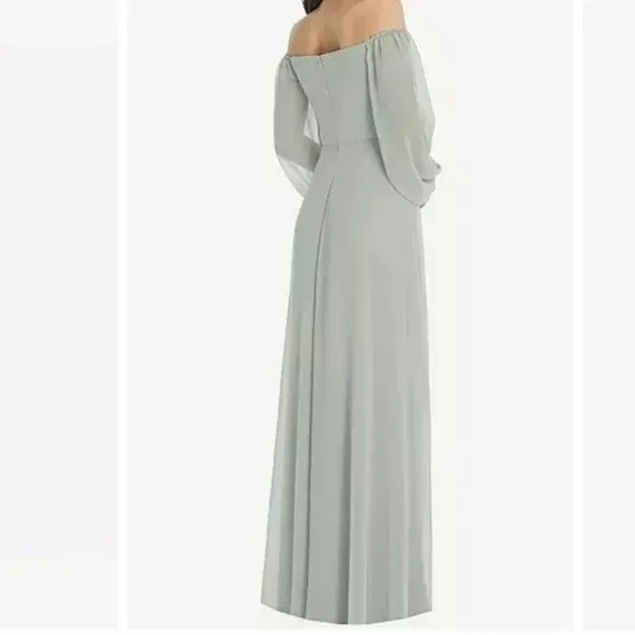 Dessy Collection Convertible Neck Long Sleeve Chiffon Gown Willow Green Size 16 - Image 10