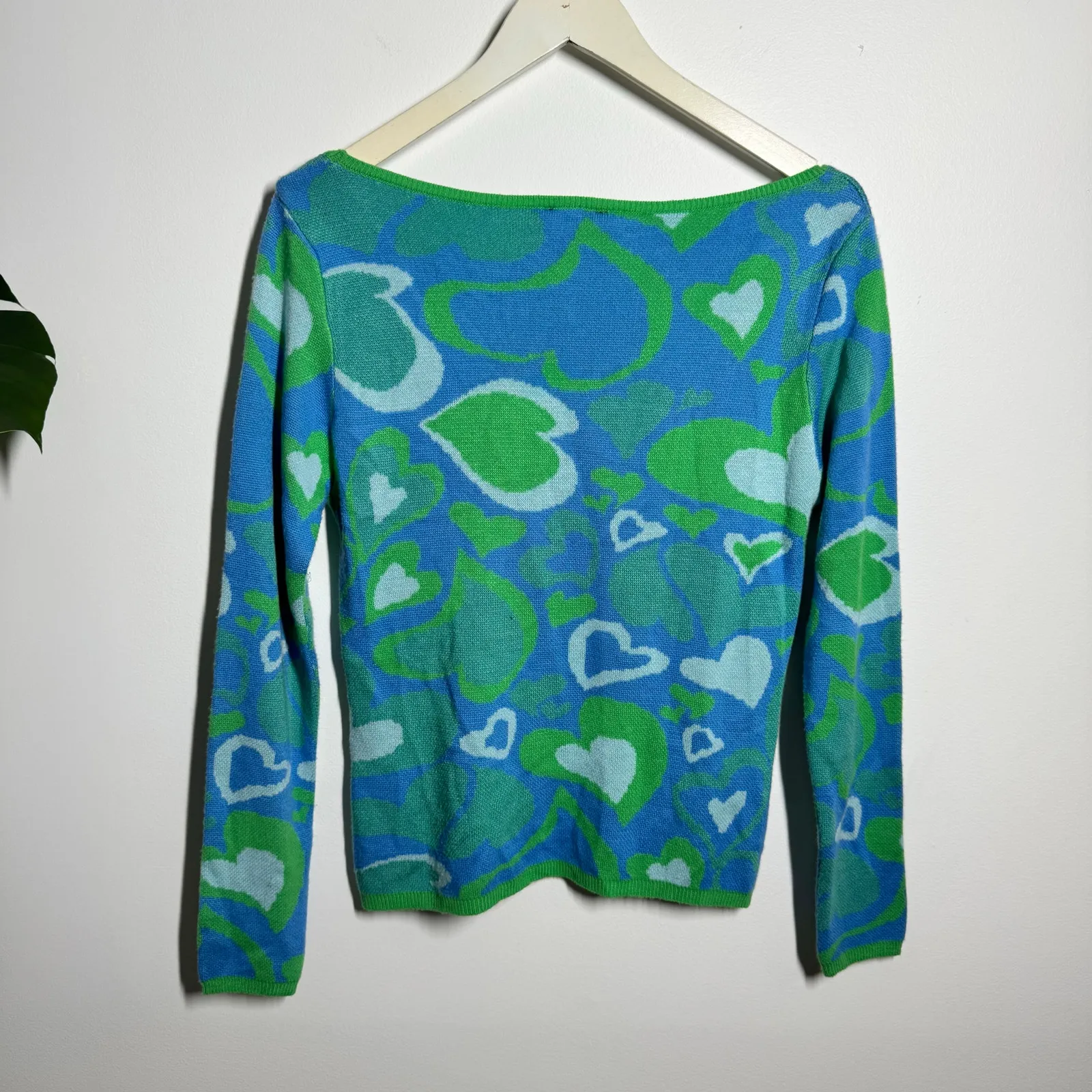 ASOS Design Top Women 4 Blue Green Wavy Heart Square Neck Lightweight 3/4 Sleeve - Image 2