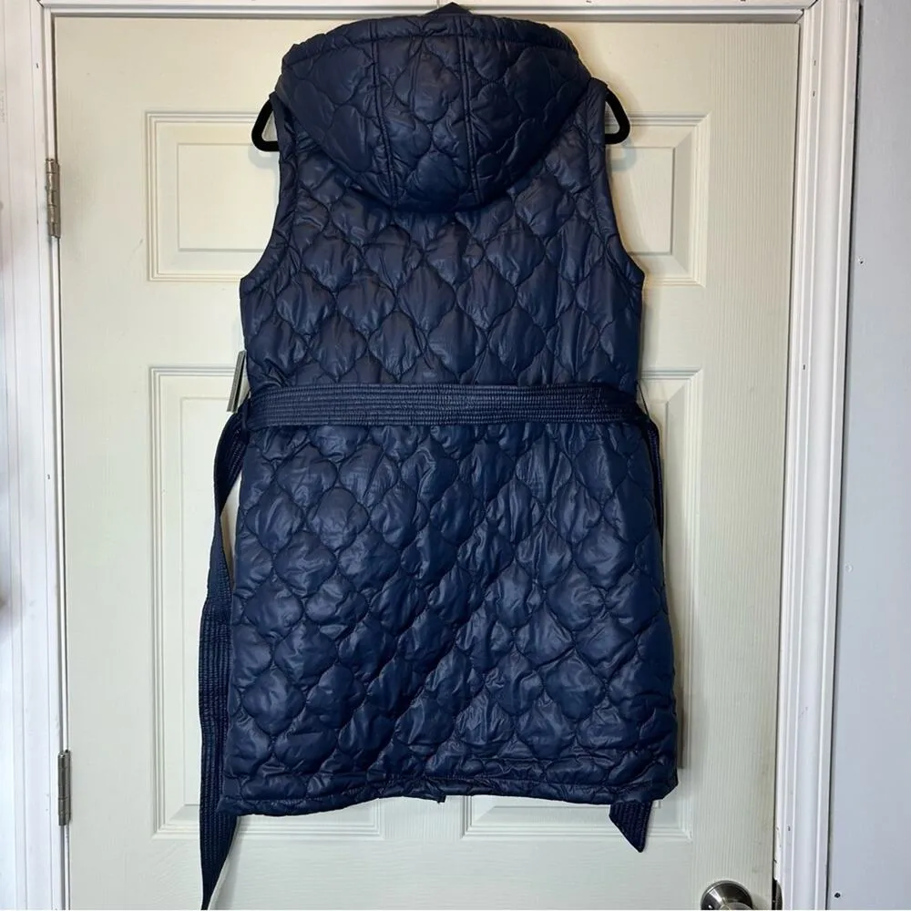 Kate Spade NY Quilted Zip Button Up Puffer Long Vest Navy Blue Tie Waist NWT NEW - Image 4