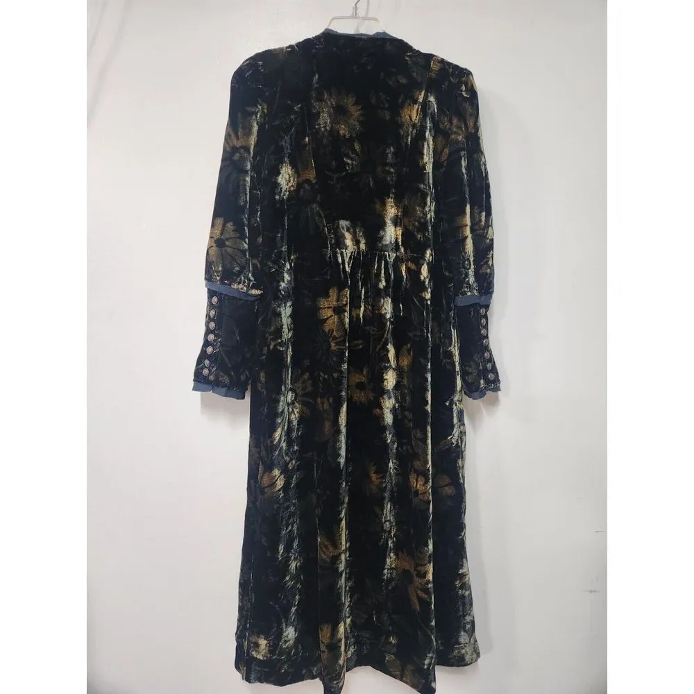 Free People Hazel Duster Velvet Coat Floral Print Black Gold Brown Lined M  H - Image 8
