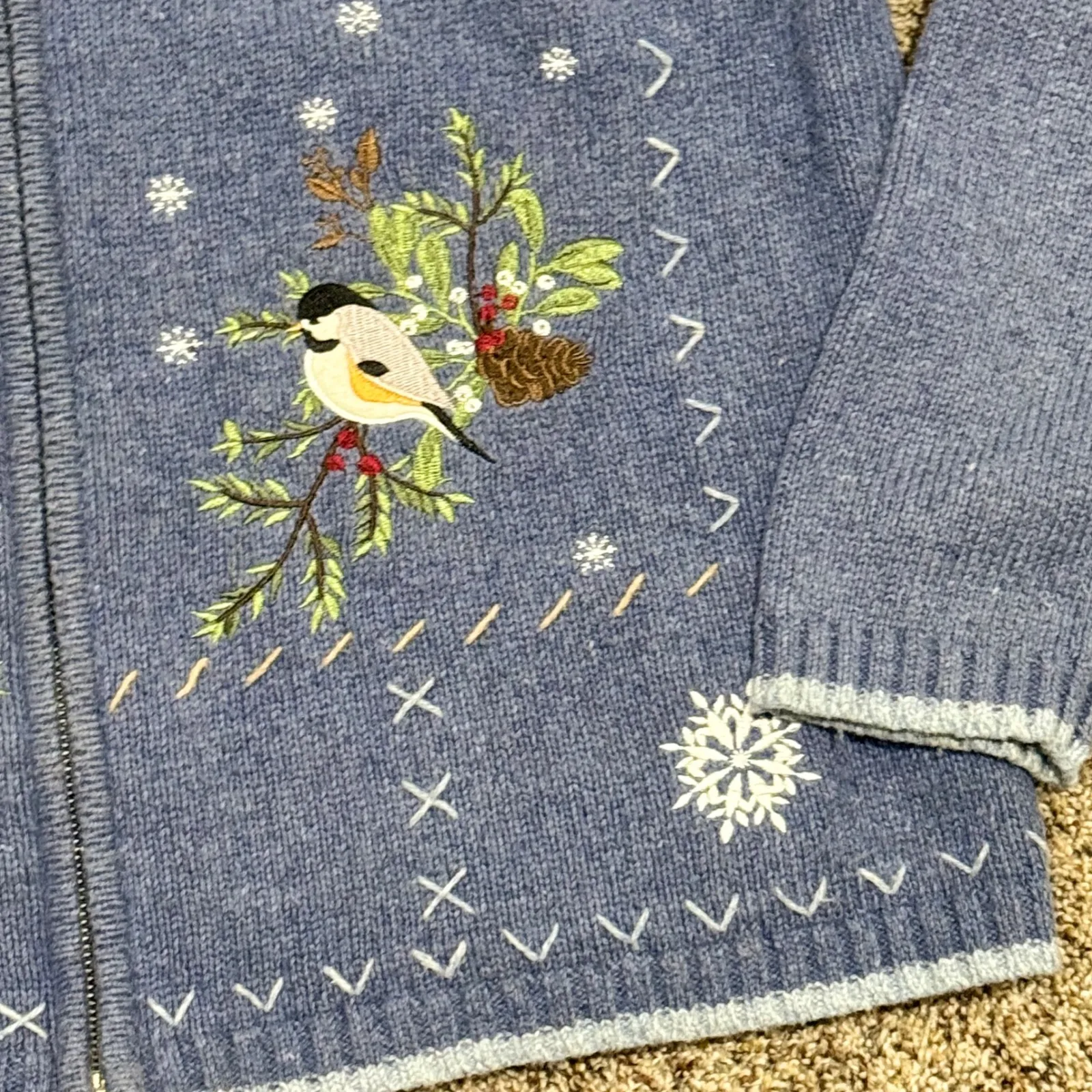 VTG Croft & Barrow Navy Cardinal Embroidered Zip Up Cardigan Sweater Womens XL - Image 6