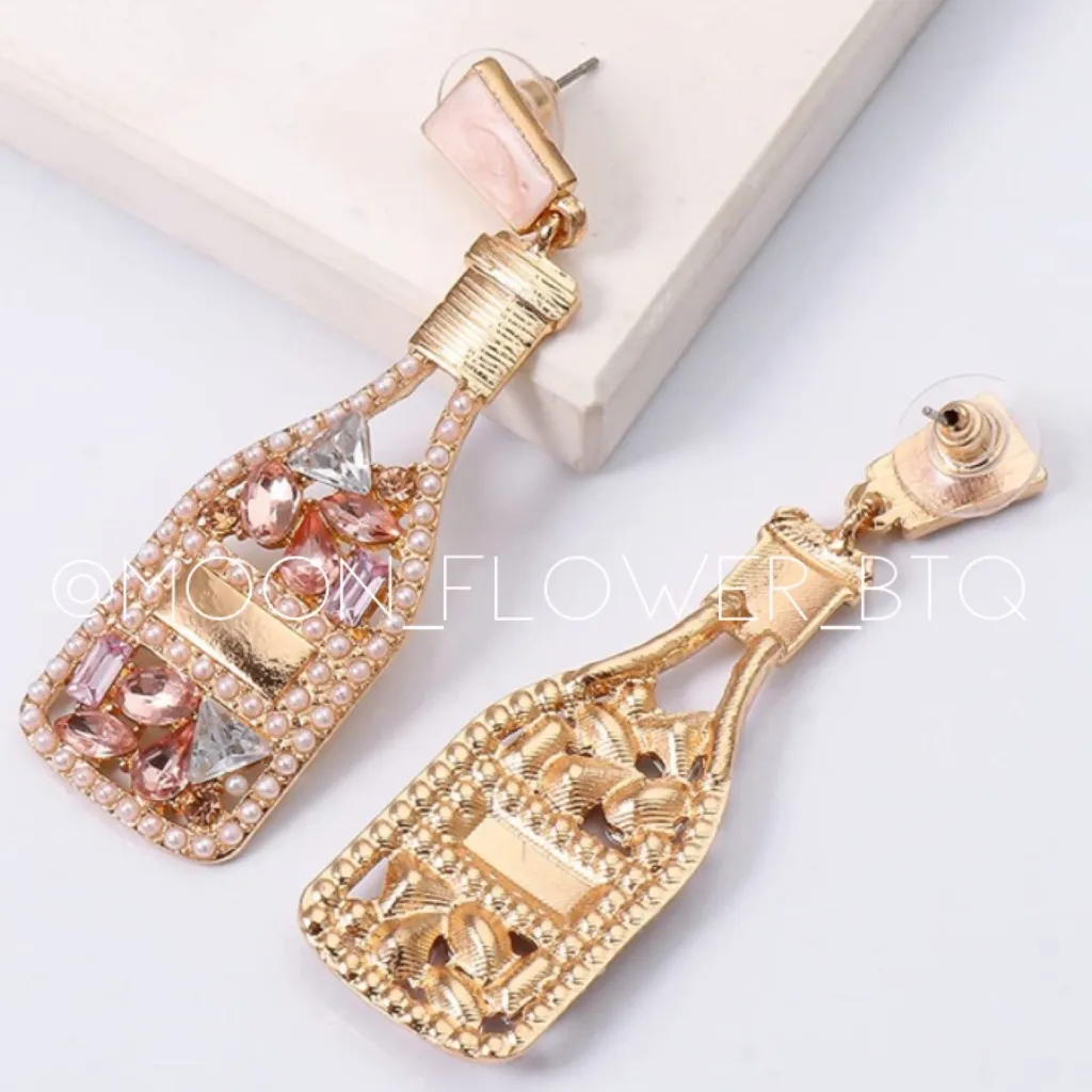 Pink Champagne Bottle Earrings Gold - Image 4