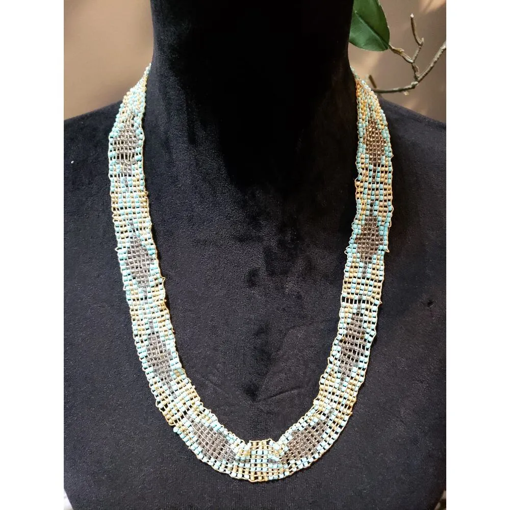 Women's Multicolor Woven Beaded Necklace Handmade Lightweight Boho Style Gold - Image 2