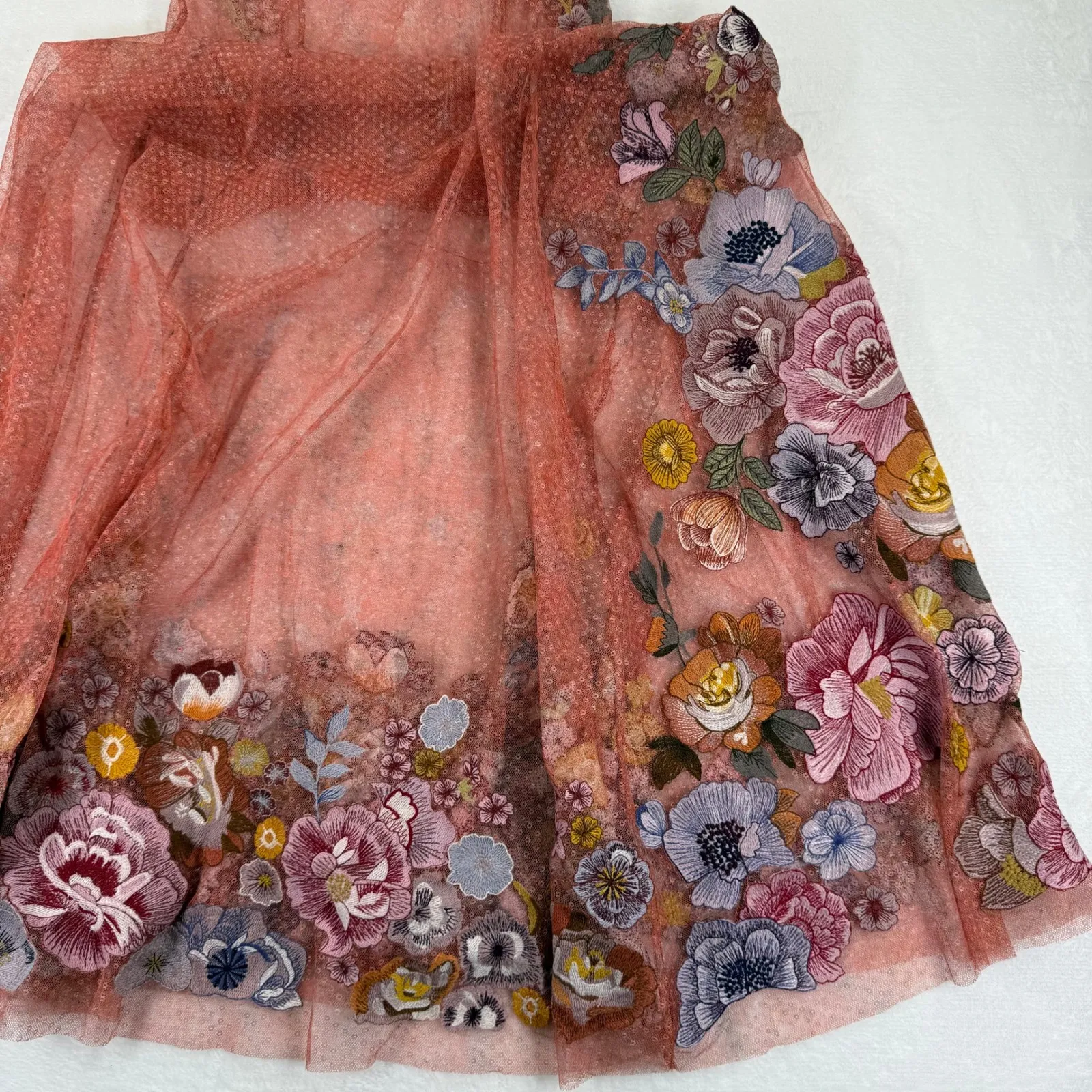 Sundance Embroidered Mesh Maxi Dress Coral Floral Sleeveless Size 2 sheer - Image 5