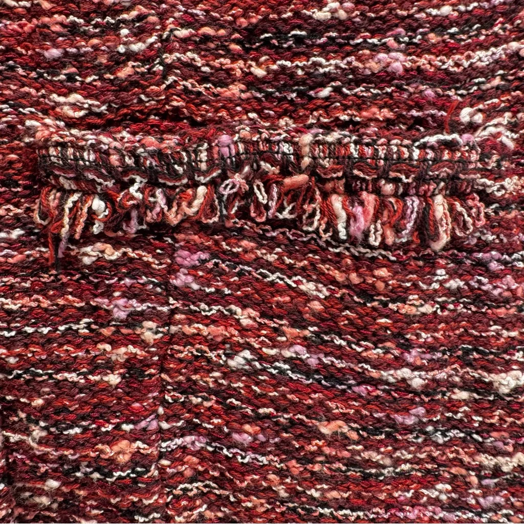 Chico’s Multicolored Maroon Pink Tweed Woven Blazer Cardigan Sweater Fringe Trim - Image 3