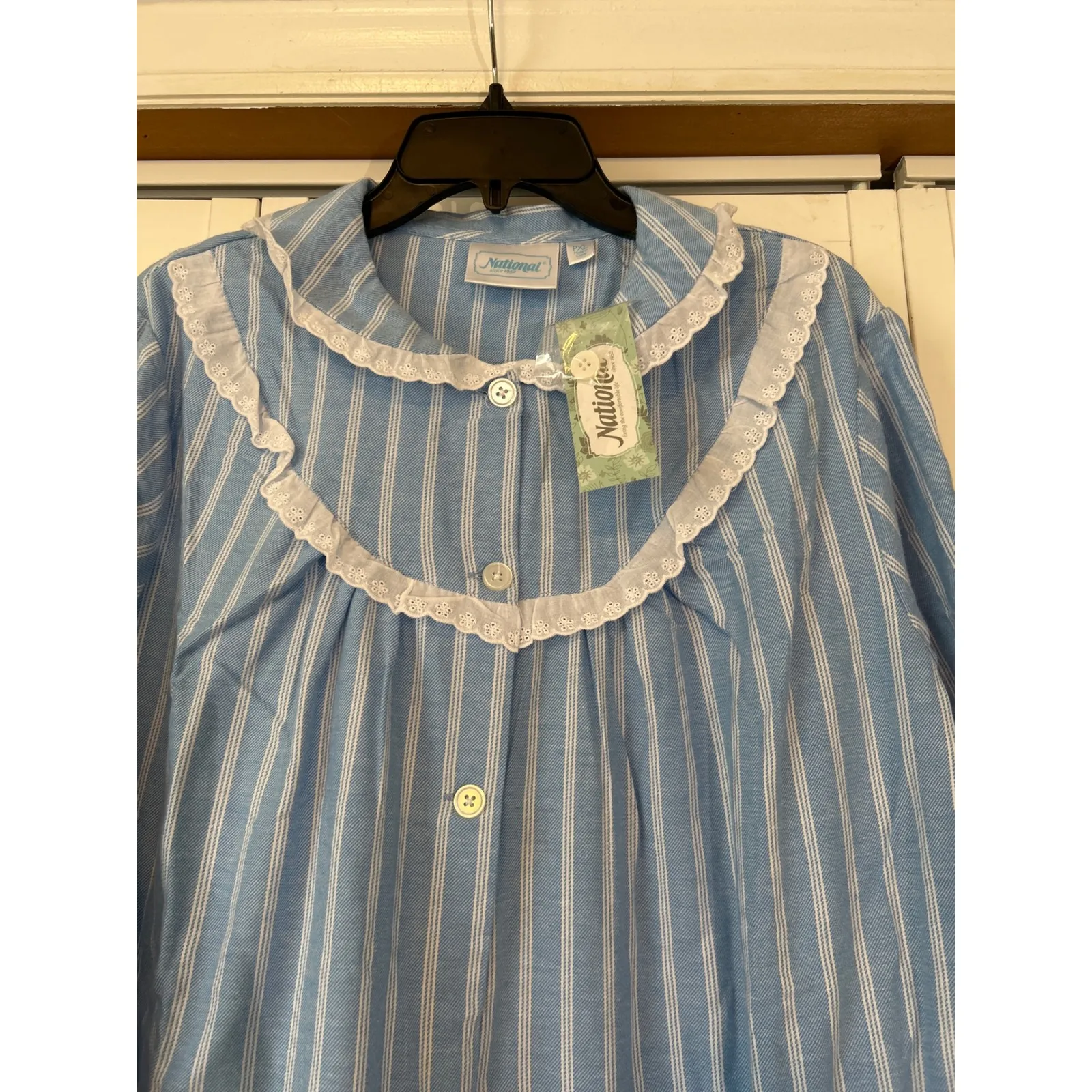 National Blue White Stripe‎ Long Sleeve Cotton Front Nightgown Lace Collar PXL - Image 3