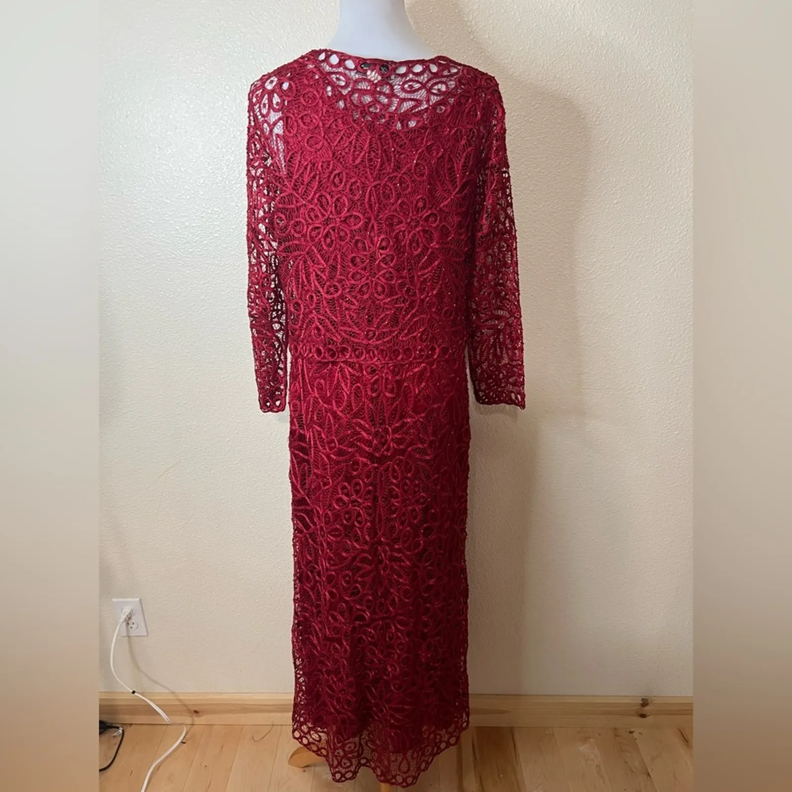 Soulmates red floral lace silk beaded hand crocheted maxi dress & jacket SET L - Image 7
