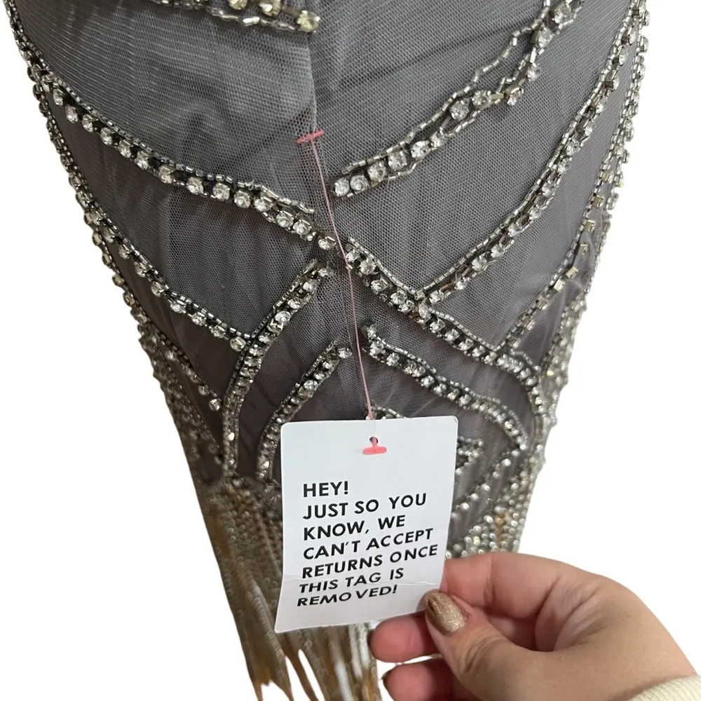 NEW NWT ASOS Design Halter Crystal Embellished Fringe Dress In Silver - Image 13