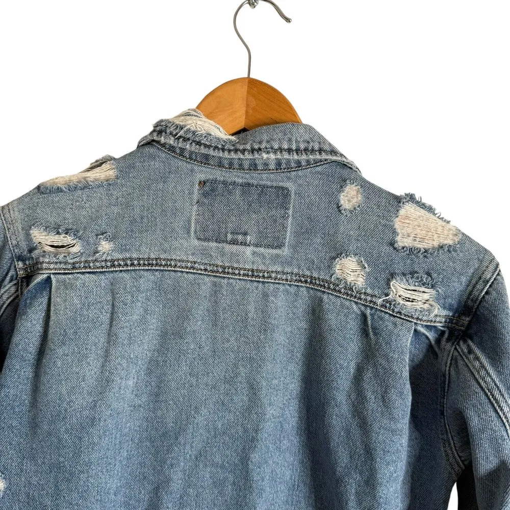 American Eagle Distressed Denim Jacket Women Size XXS Blue‎ Jean Frayed Edgy - Image 5