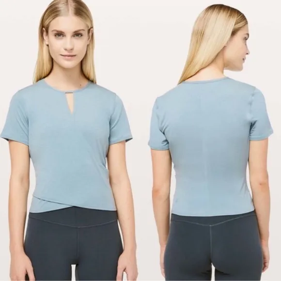 LULULEMON Teal Round Trip‎ Short Sleeve Crossover Cut Out Top Size 4 - Image 2