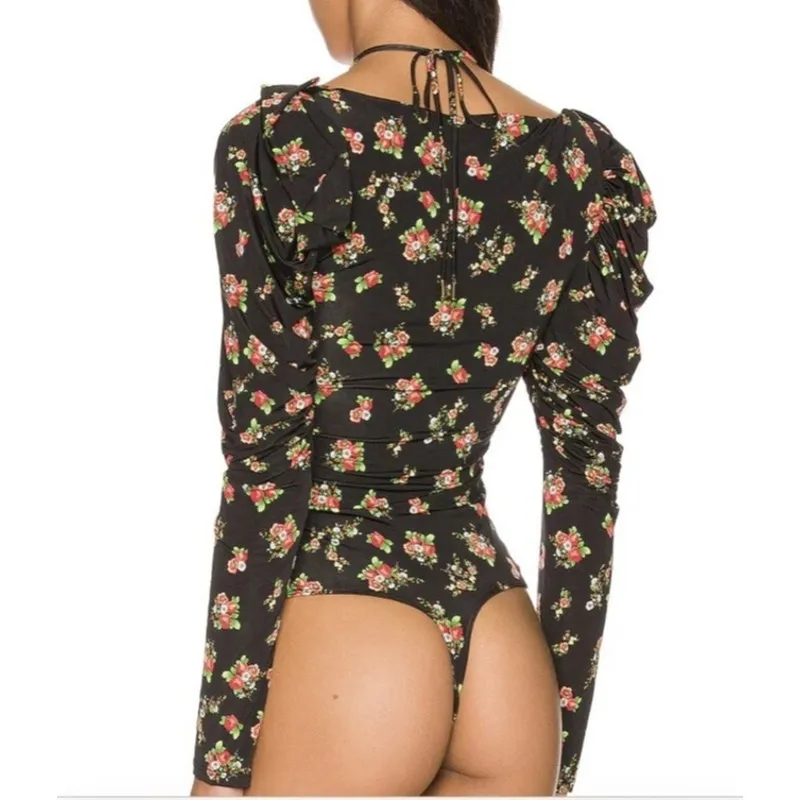 AFRM Coppelia Halter Neck Thong Bodysuit Noir Rose Garden Small Black - Image 5