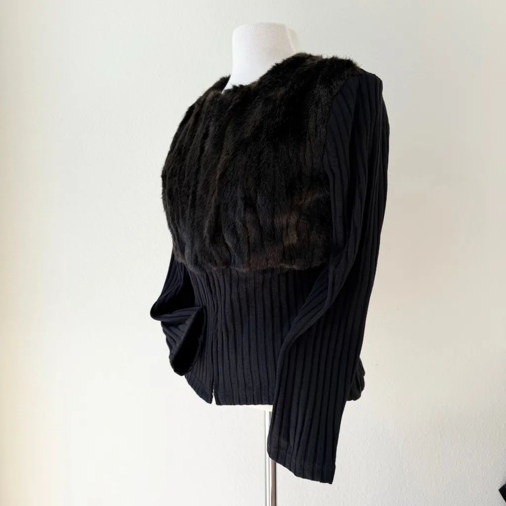 Joseph Ribkoff Black Cardigan Sweater With Faux Fur on Chest Full Zip Size 10 - Image 5
