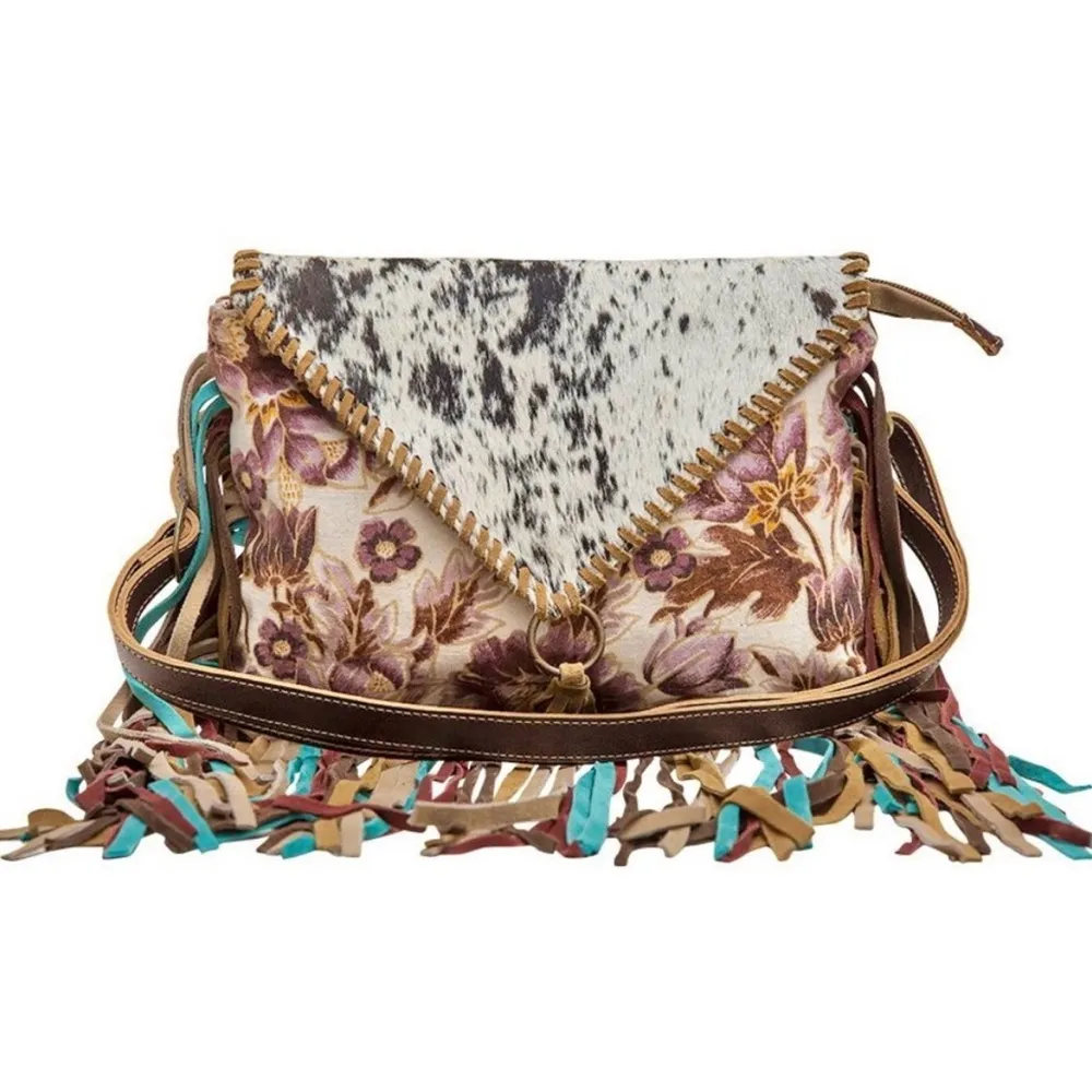 MYRA Altres Small Floral Crossbody Bag Boho Fringe Canvas Hairon Leather Purse Brown - Image 14