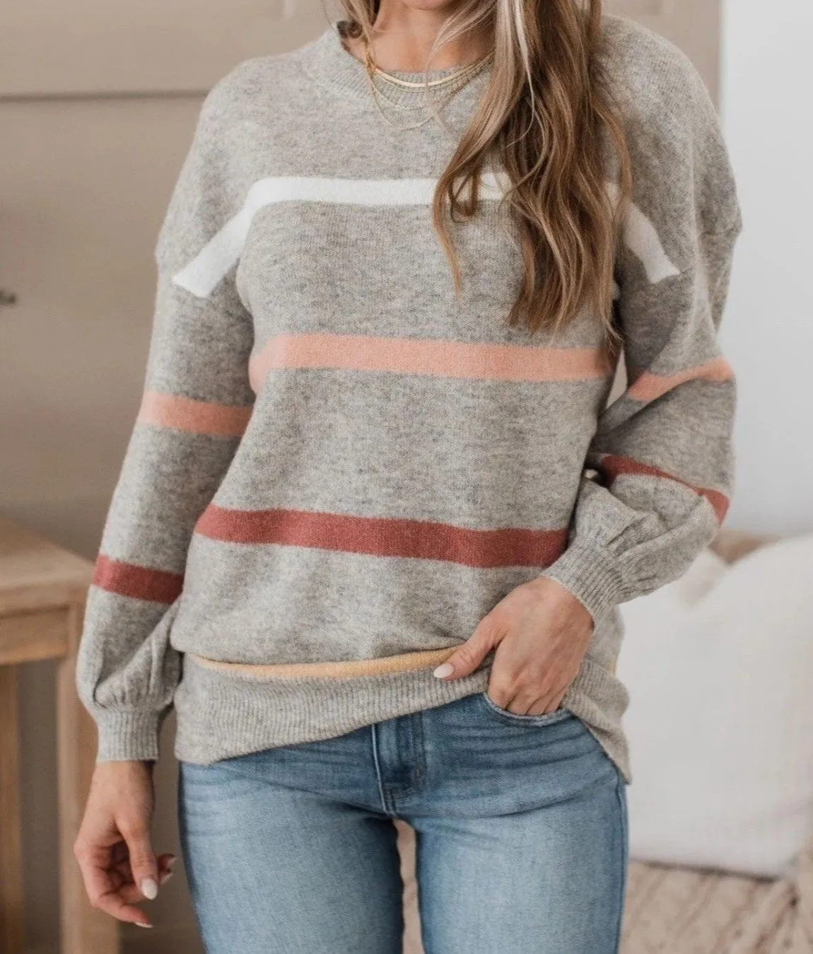 NWT Andree by UNIT Women Wonderful Days Heather Gray Striped Pullover Sweater 2X - Image 1