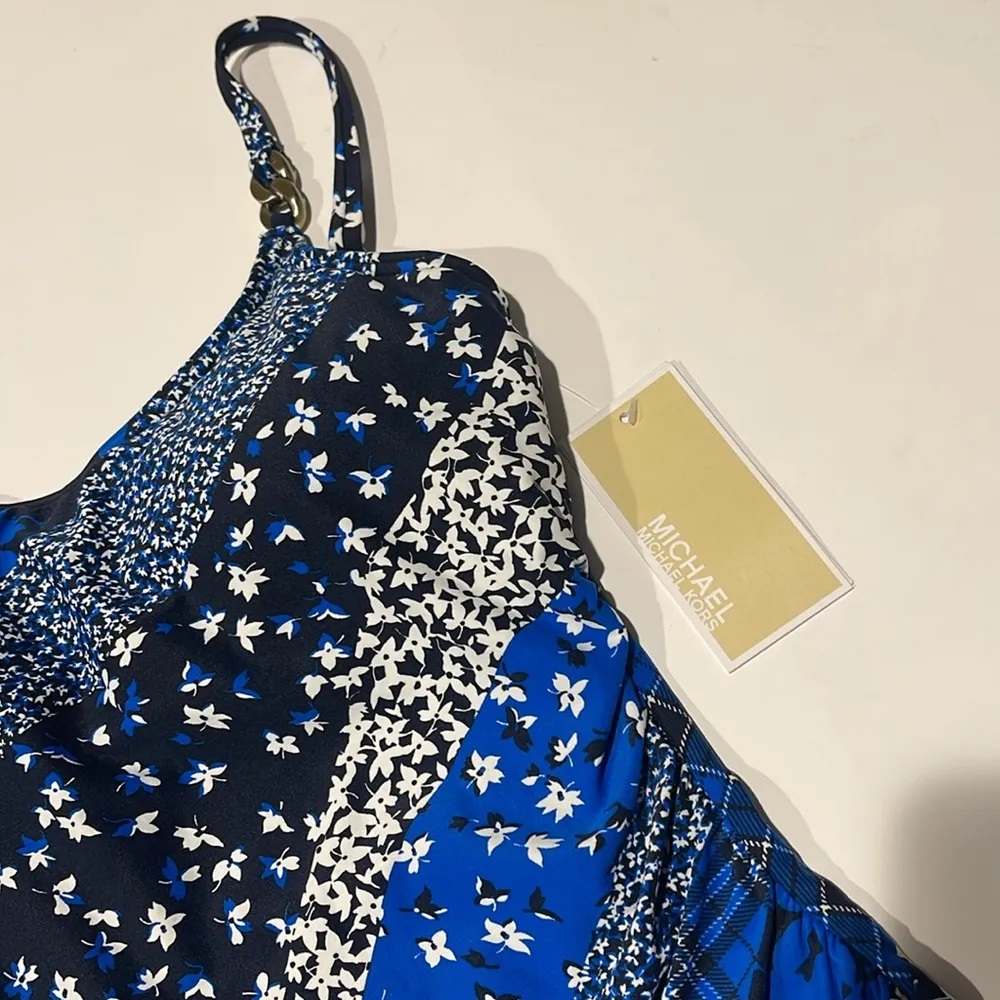 Michael kors NWT tankini swim blue white black printed chain top floral top Size XS - Image 2