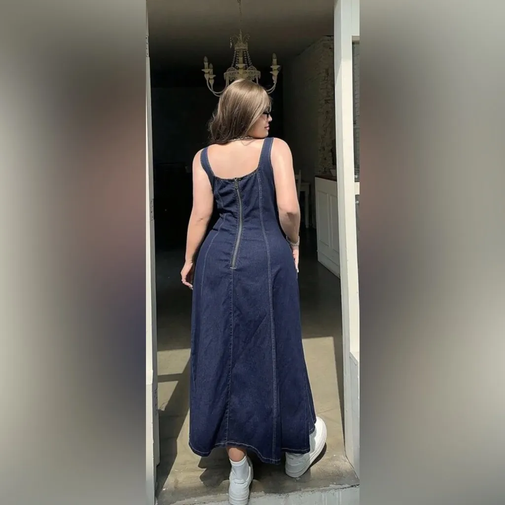 SHEIN Dark Blue Denim Midi Dress Flares - Tank Top w/zipper back Size 4XL - Image 4